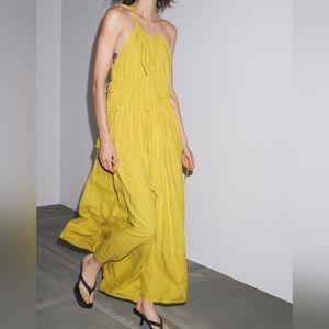 Zara Linen Voluminous Maxi Dress Strappy Yellow Mustard Sz XS NWT